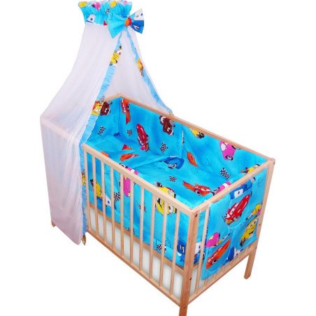 Lenjerie patut bebe cu 7 piese masinute albastru cu baldachin din voal