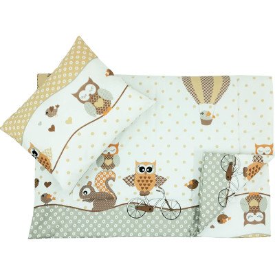 Fata de perna si plapuma din bumbac bufnite bej 100x135cm, 40x50 cm