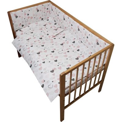 Lenjerie patut bebe cu 7 piese inimioare roz cu baldachin