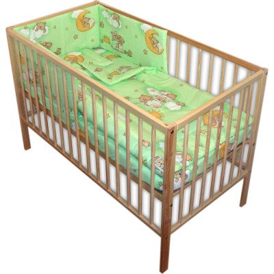 Lenjerie patut bebe cu 7 piese ursuletul somnoros verde cu baldachin din voal