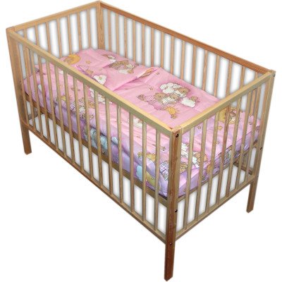 Lenjerie patut bebe cu 7 piese ursuletul somnoros roz baldachin din voal