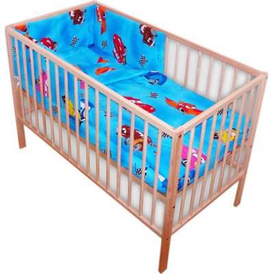 Lenjerie patut bebe cu 7 piese masinute albastru cu baldachin din voal