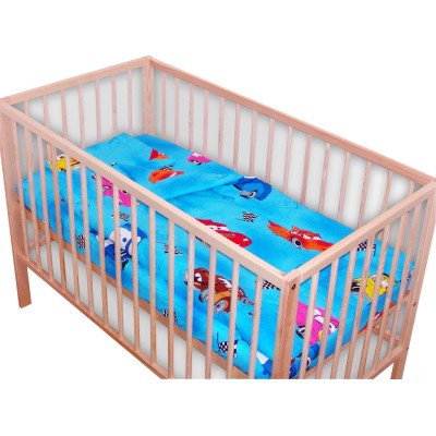 Lenjerie patut bebe cu 7 piese masinute albastru cu baldachin din voal