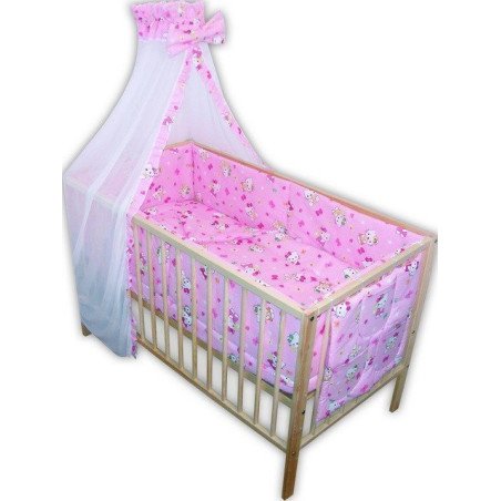 Lenjerie patut bebe cu 7 piese pisicuta roz cu baldachin din voal