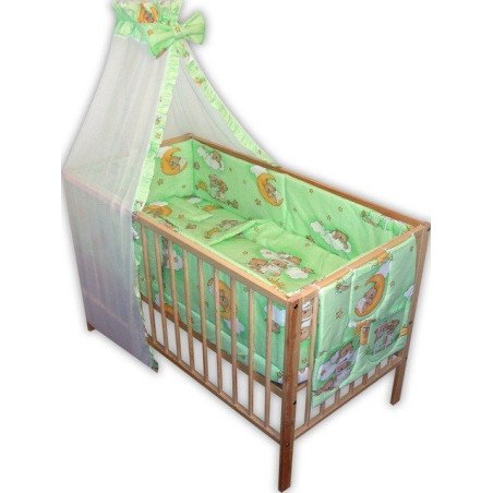 Lenjerie patut bebe cu 7 piese ursuletul somnoros verde cu baldachin din voal