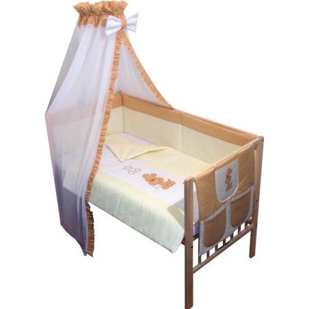 Lenjerie patut bebe brodat cu 7 piese crem cu baldachin din voal